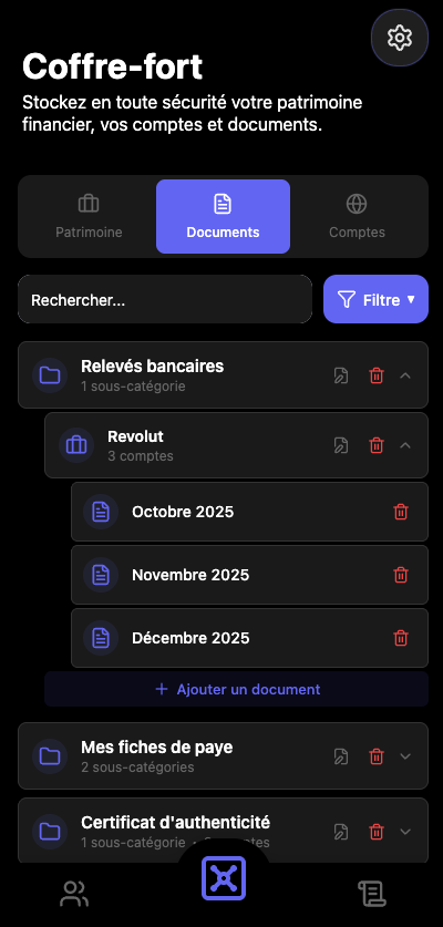 Documents dans le coffre-fort Heirion